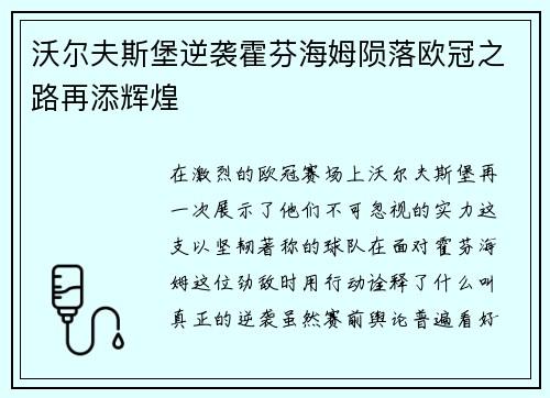沃尔夫斯堡逆袭霍芬海姆陨落欧冠之路再添辉煌
